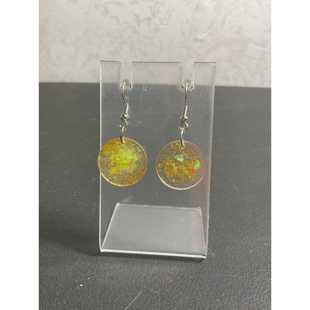 Yellow Glitter Resin Dangle Earrings With Silver Hooks